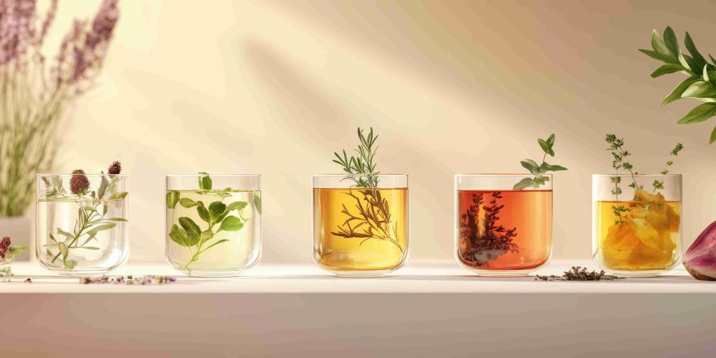 assorted herbal drinks with fresh ingredients display against warm background (1)
