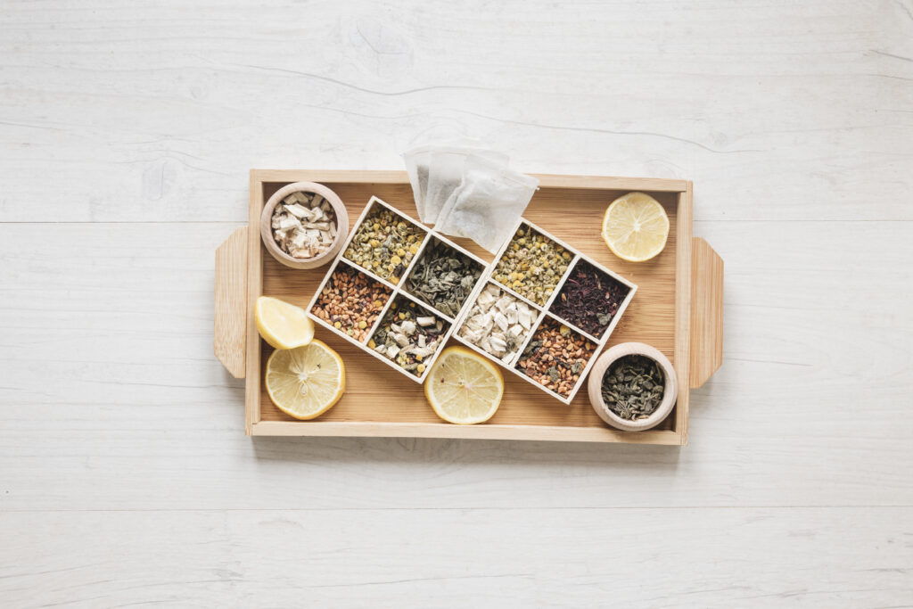 Variety Herbs Dried Chinese Chrysanthemum Flowers Arranged Small Container Wooden Tray 1024x683