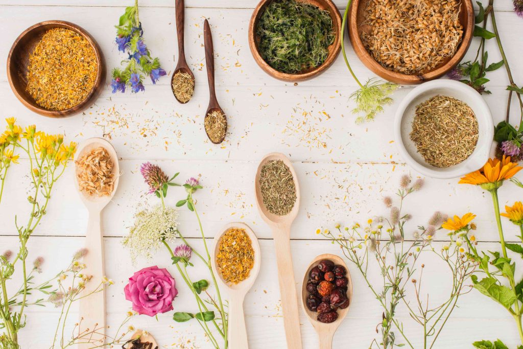 Top View Of Herbs In Spoons And Bowls Near Flowers 2026 01 09 12 29 02 Utc 1 1024x683